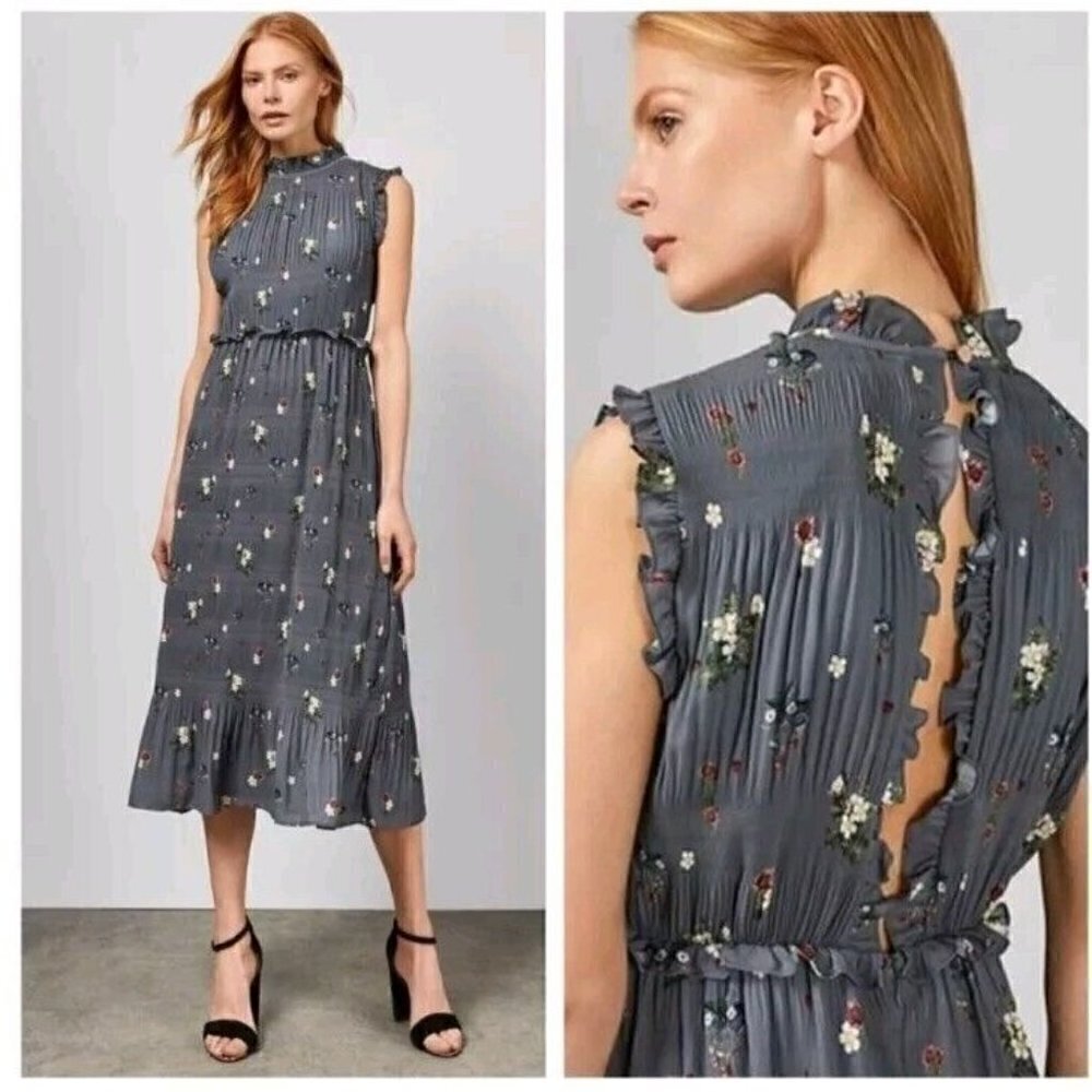 Ted Baker Toppaz Oracle Pleated Midi Dress Gray Women’s 3 Size 8 Floral Formal